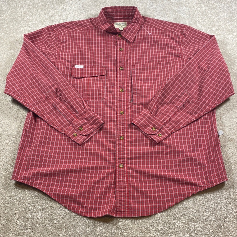 Cabela's Button Down Shirt Mens XL Red Plaid Long Sleeve Roll Tab Utility